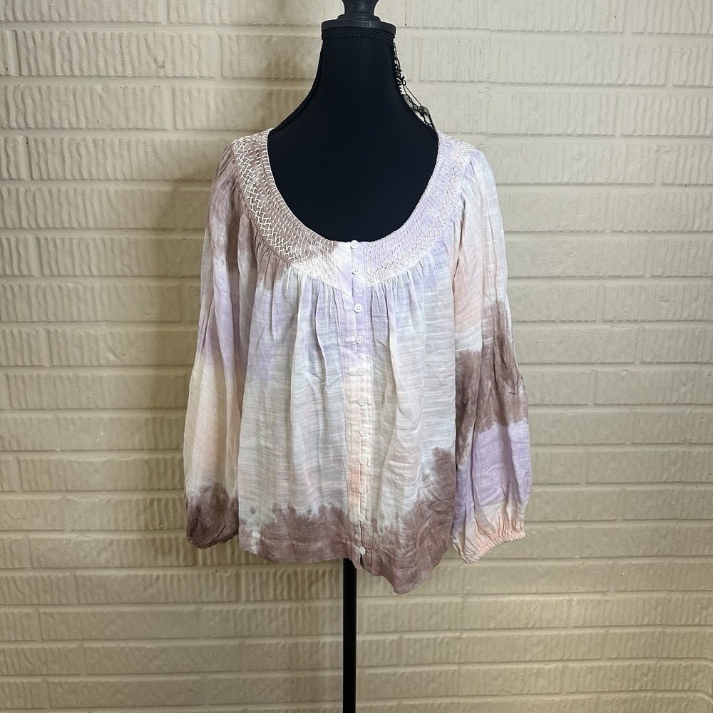 NWT Lucky Brand Embroidered  Boho Tiedye Peasant Festival Blouse Sz M Round Neck